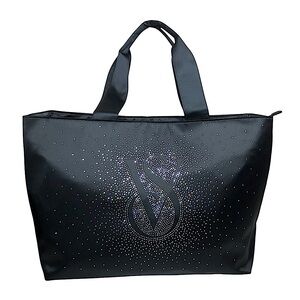 Victoria’s Secret Satin VS Rhinestone Weekender Travel Black Large Glam Tote Bag